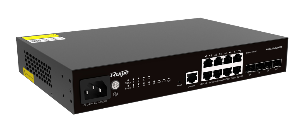 Ruijie RG-S2300-8GT4SFP Switch de 8 puertos 10/100/1000M, 4 puertos SFP de 1 GE, 1 puerto consola, 1 ranura de alimentación de CA, sin ventiladores